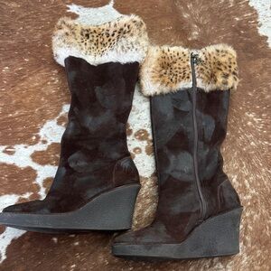 Donald J. Pliner Dark Brown Suede Wedge Boots with Leopard Faux-Fur Cuff